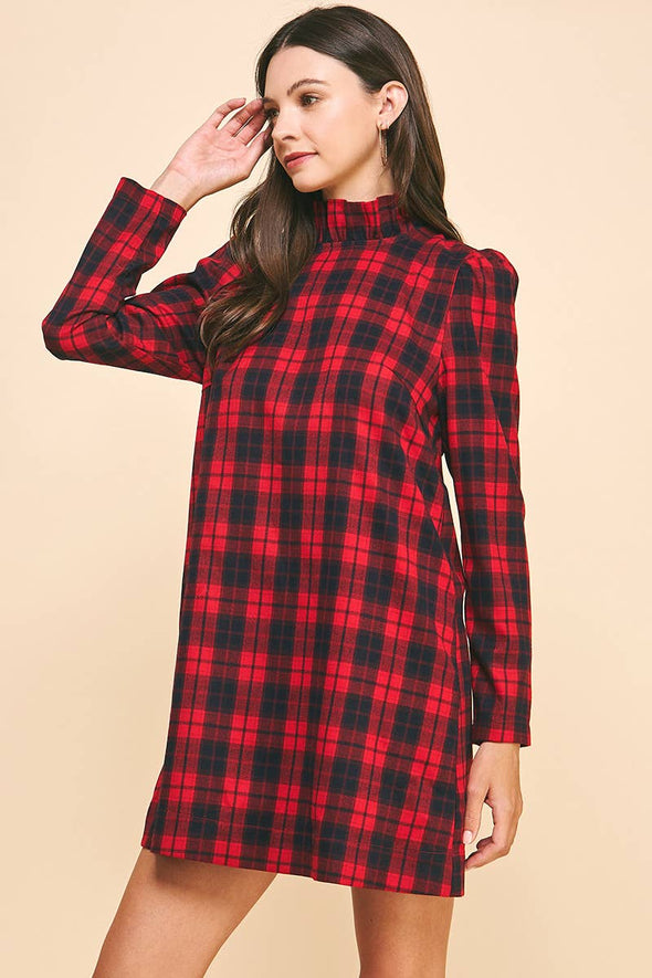 BACK NECK TIED PLAID MINI DRESS RED