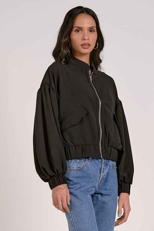 Elan Jacks Jacket Balloon Sleeve Zip Bomber Jacket- Black