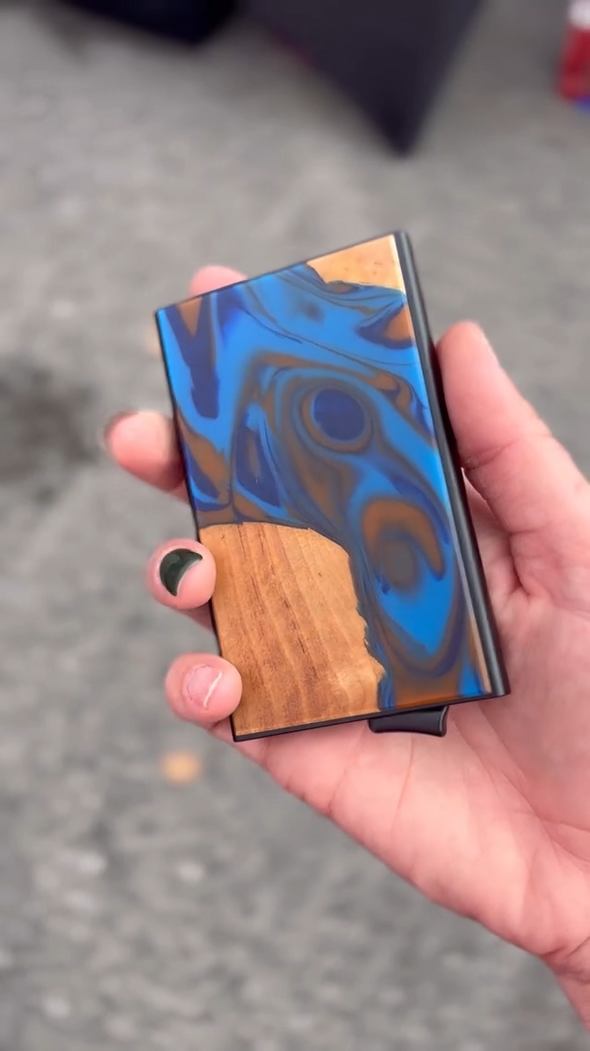 Wood & Resin Smart Pop-Up Wallets in Navy Blue